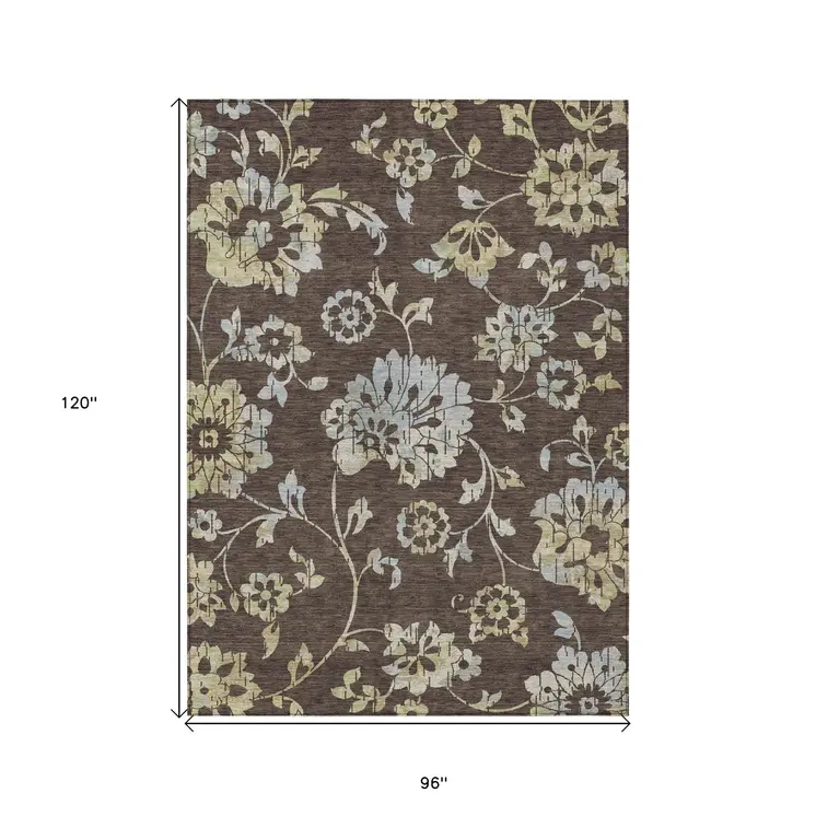 8' X 10' Chocolate Sky Blue And Artichoke Green Floral Washable Indoor Outdoor Area Rug