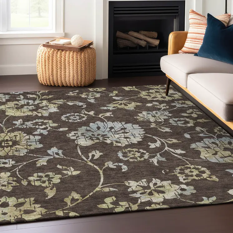 8' X 10' Chocolate Sky Blue And Artichoke Green Floral Washable Indoor Outdoor Area Rug