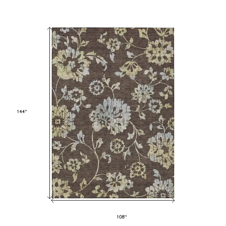 9' X 12' Chocolate Sky Blue And Artichoke Green Floral Washable Indoor Outdoor Area Rug