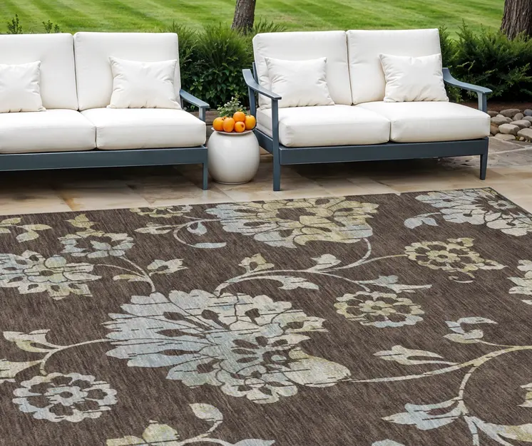 9' X 12' Chocolate Sky Blue And Artichoke Green Floral Washable Indoor Outdoor Area Rug