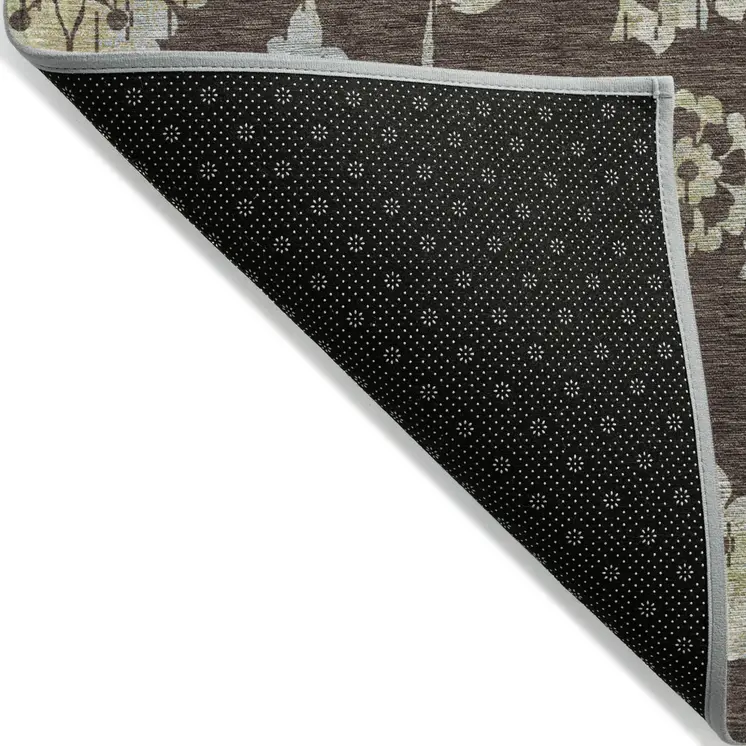 9' X 12' Chocolate Sky Blue And Artichoke Green Floral Washable Indoor Outdoor Area Rug