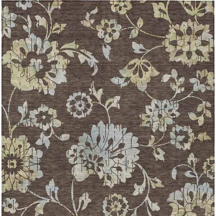 9' X 12' Chocolate Sky Blue And Artichoke Green Floral Washable Indoor Outdoor Area Rug