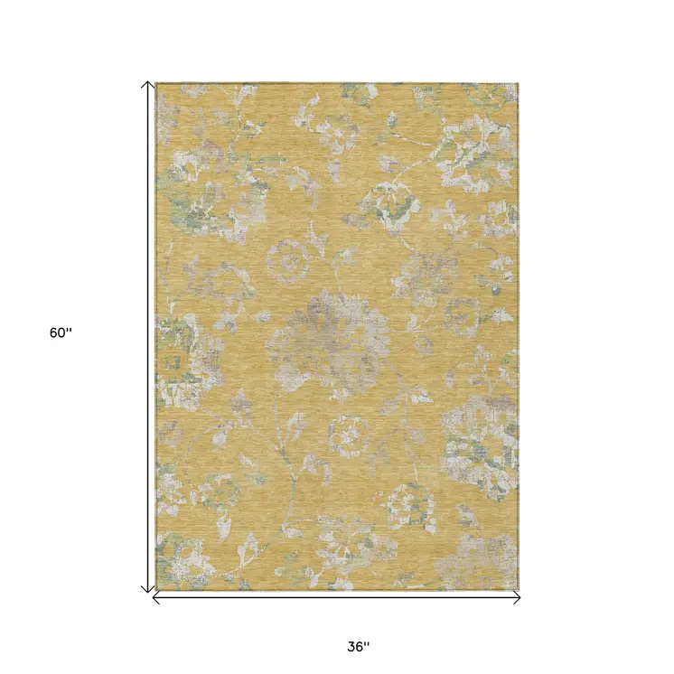 3' X 5' Gold Beige And Fern Green Floral Washable Indoor Outdoor Area Rug