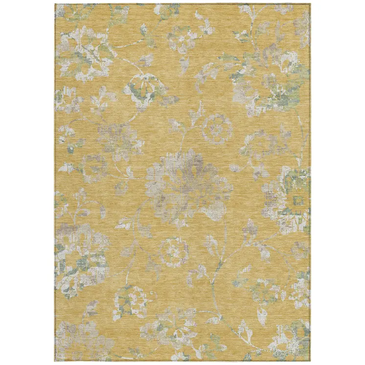 5' X 8' Gold Beige And Fern Green Floral Washable Indoor Outdoor Area Rug