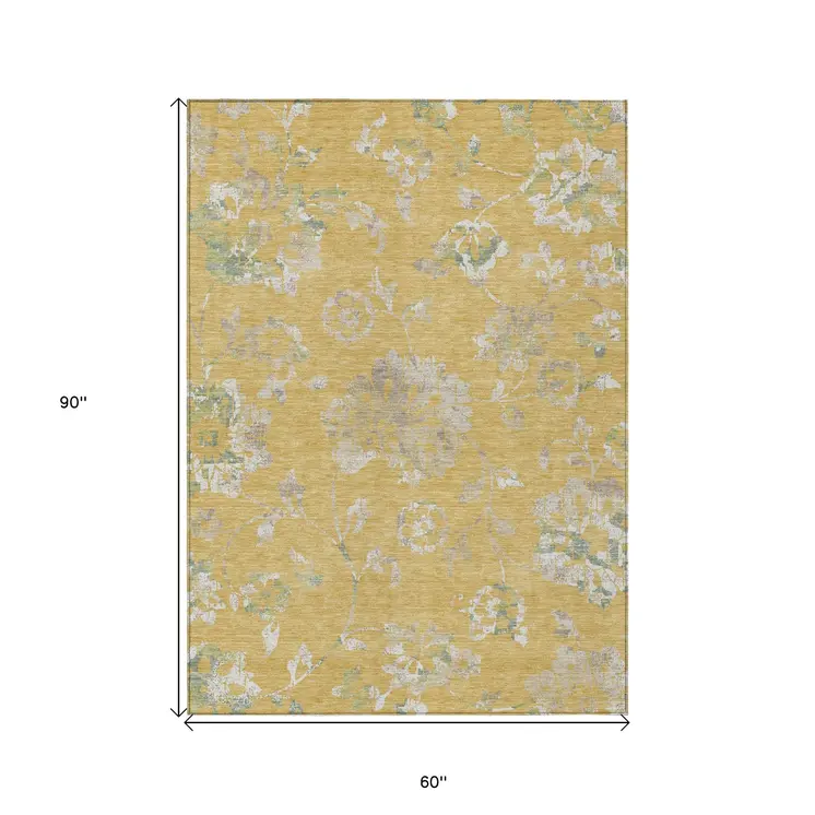 5' X 8' Gold Beige And Fern Green Floral Washable Indoor Outdoor Area Rug
