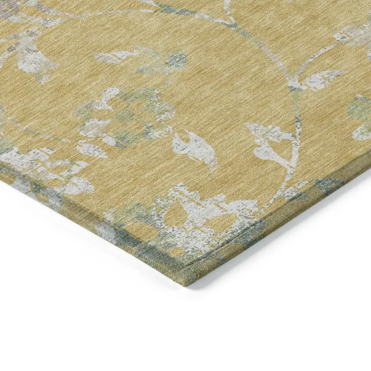 5' X 8' Gold Beige And Fern Green Floral Washable Indoor Outdoor Area Rug