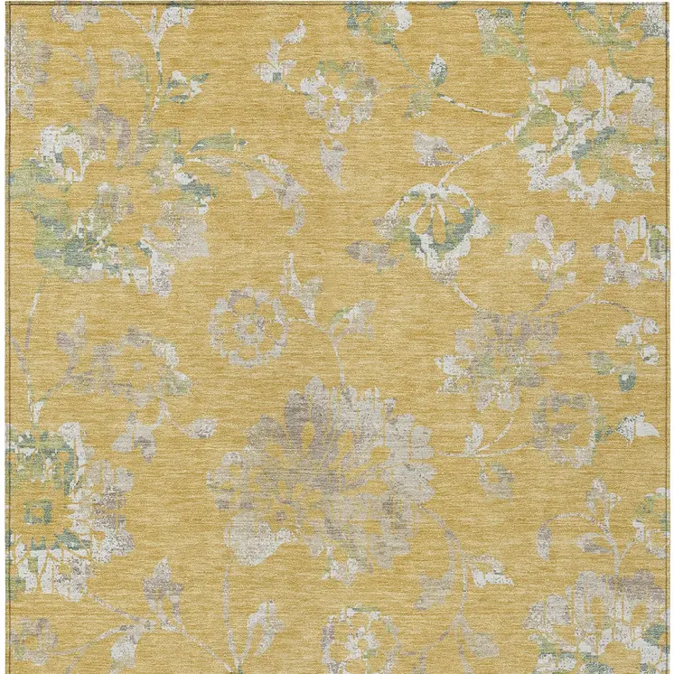5' X 8' Gold Beige And Fern Green Floral Washable Indoor Outdoor Area Rug