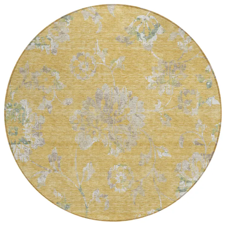 8' Gold Beige And Fern Green Round Floral Washable Indoor Outdoor Area Rug