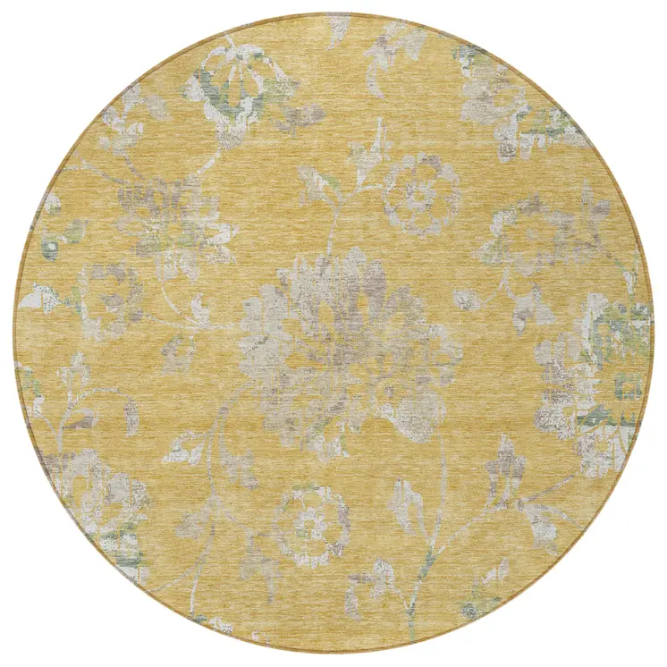8' Gold Beige And Fern Green Round Floral Washable Indoor Outdoor Area Rug