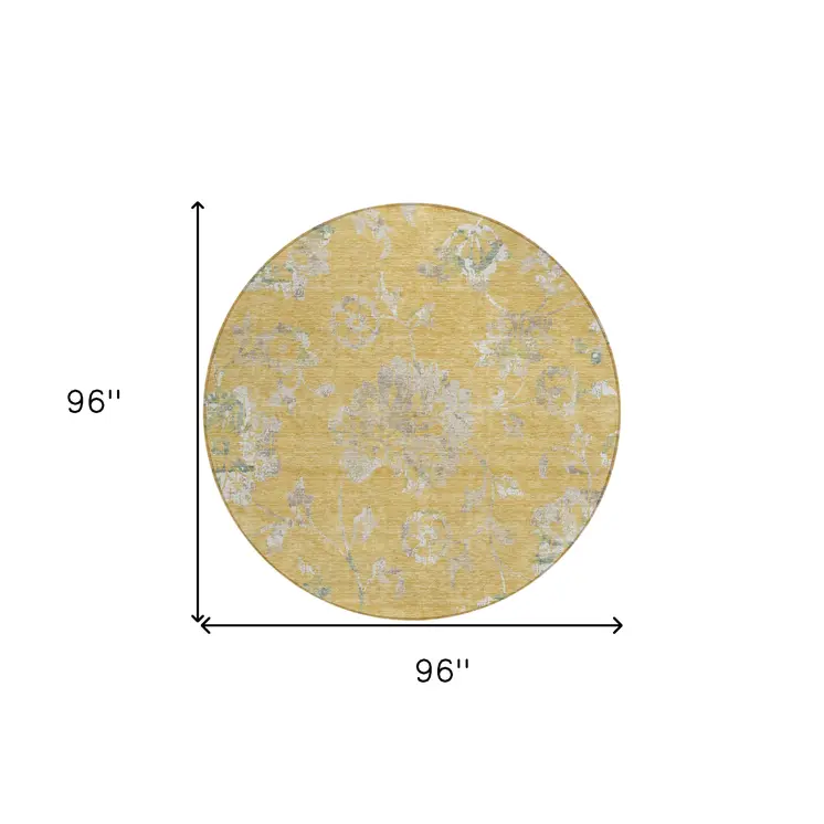 8' Gold Beige And Fern Green Round Floral Washable Indoor Outdoor Area Rug