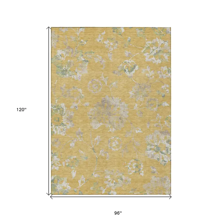 8' X 10' Gold Beige And Fern Green Floral Washable Indoor Outdoor Area Rug