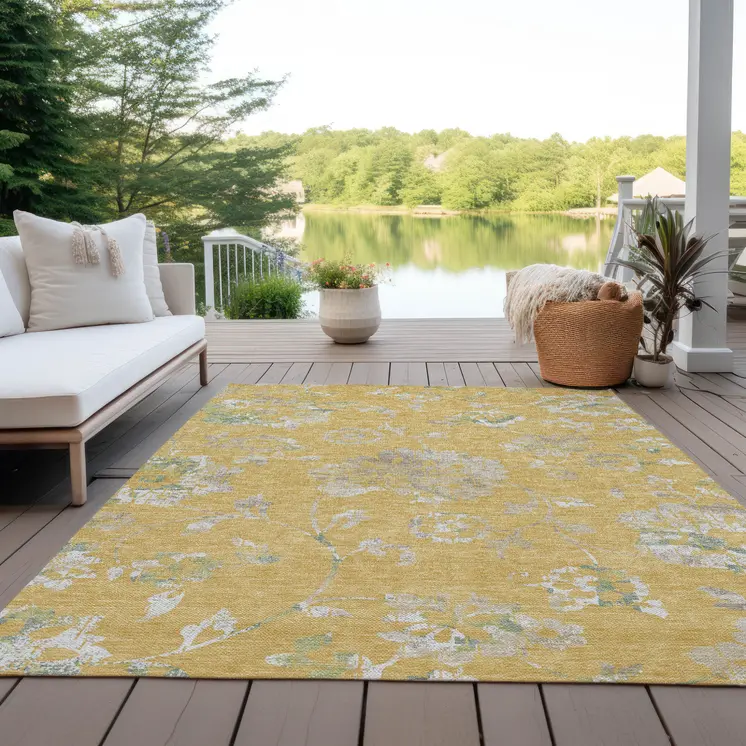 8' X 10' Gold Beige And Fern Green Floral Washable Indoor Outdoor Area Rug