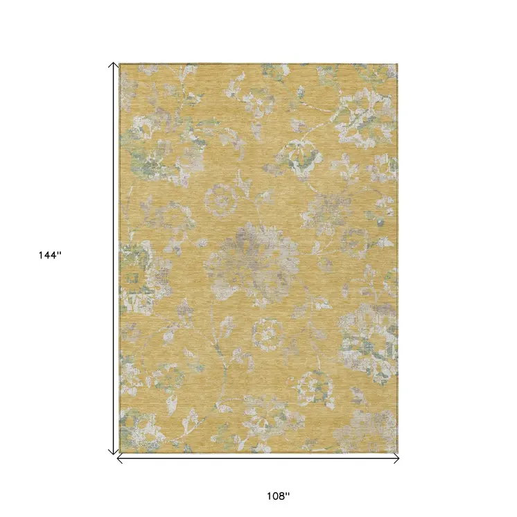 9' X 12' Gold Beige And Fern Green Floral Washable Indoor Outdoor Area Rug