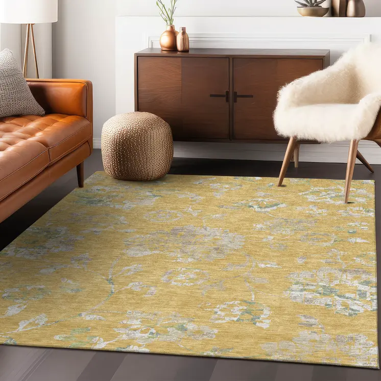 9' X 12' Gold Beige And Fern Green Floral Washable Indoor Outdoor Area Rug