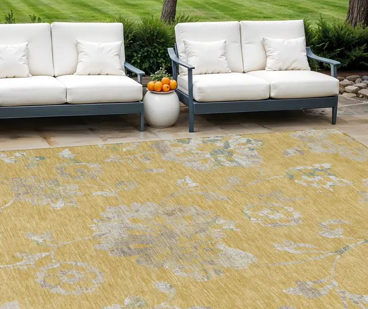 10' X 14' Gold Beige And Fern Green Floral Washable Indoor Outdoor Area Rug