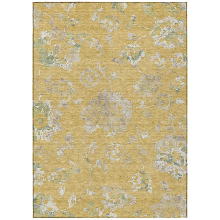 10' X 14' Gold Beige And Fern Green Floral Washable Indoor Outdoor Area Rug