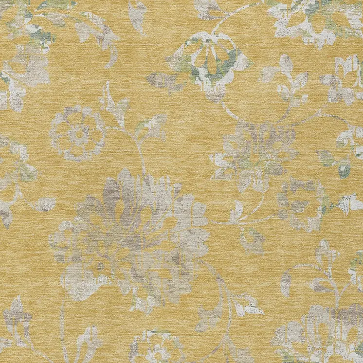 10' X 14' Gold Beige And Fern Green Floral Washable Indoor Outdoor Area Rug