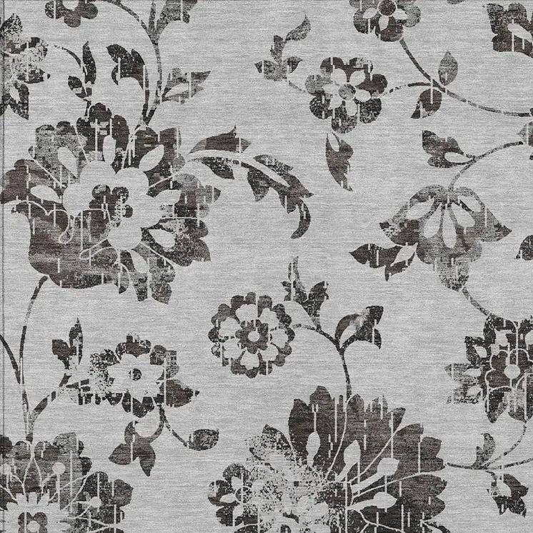 3' X 5' Gray Charcoal And Silver Floral Washable Indoor Outdoor Area Rug