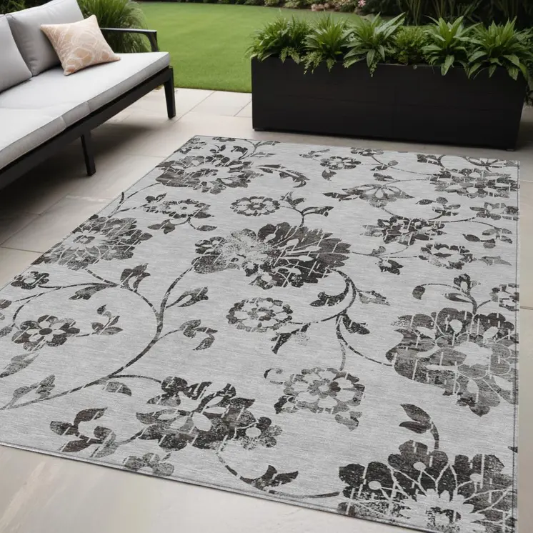 5' X 8' Gray Charcoal And Silver Floral Washable Indoor Outdoor Area Rug