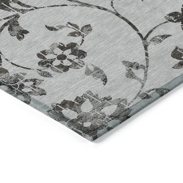5' X 8' Gray Charcoal And Silver Floral Washable Indoor Outdoor Area Rug