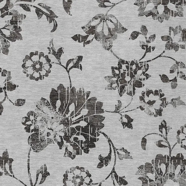 5' X 8' Gray Charcoal And Silver Floral Washable Indoor Outdoor Area Rug