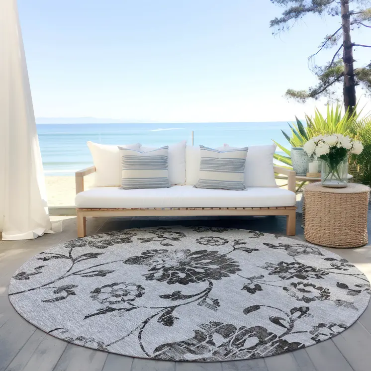 8' Gray Charcoal And Silver Round Floral Washable Indoor Outdoor Area Rug