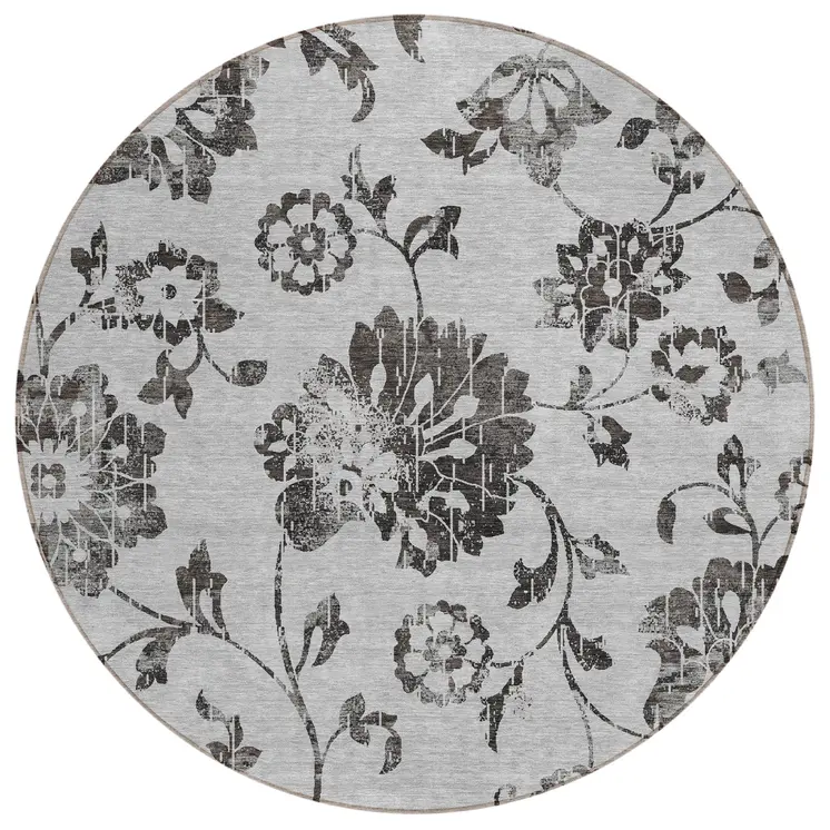 8' Gray Charcoal And Silver Round Floral Washable Indoor Outdoor Area Rug