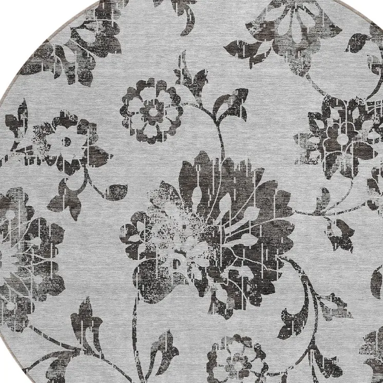 8' Gray Charcoal And Silver Round Floral Washable Indoor Outdoor Area Rug
