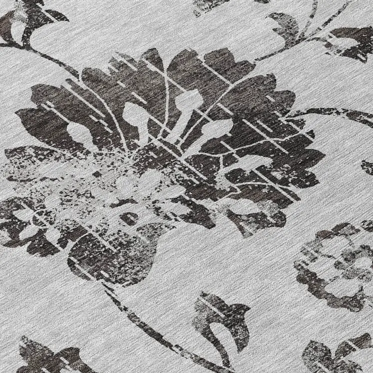 8' Gray Charcoal And Silver Round Floral Washable Indoor Outdoor Area Rug