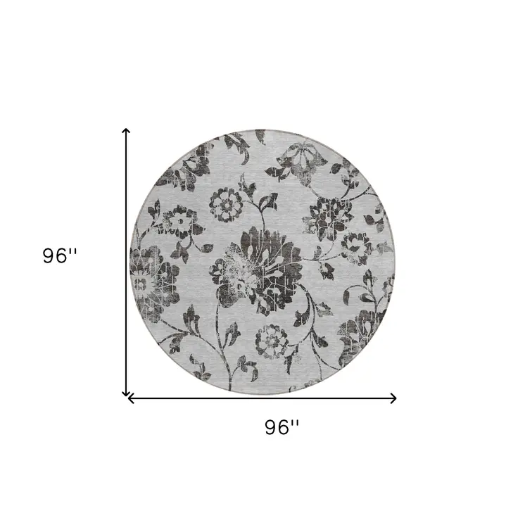 8' Gray Charcoal And Silver Round Floral Washable Indoor Outdoor Area Rug