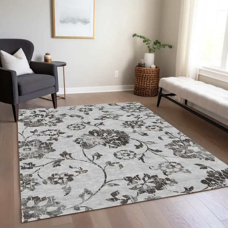 8' X 10' Gray Charcoal And Silver Floral Washable Indoor Outdoor Area Rug