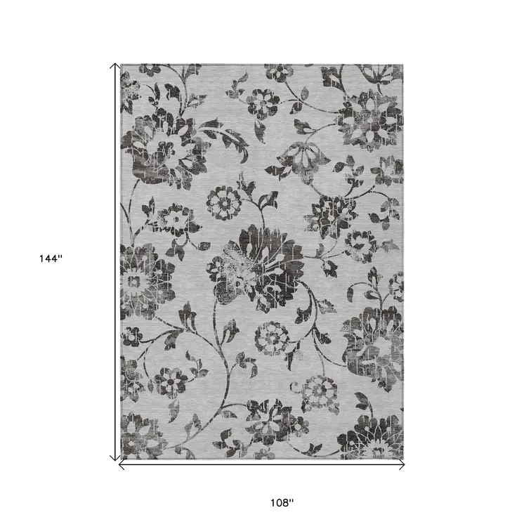 9' X 12' Gray Charcoal And Silver Floral Washable Indoor Outdoor Area Rug