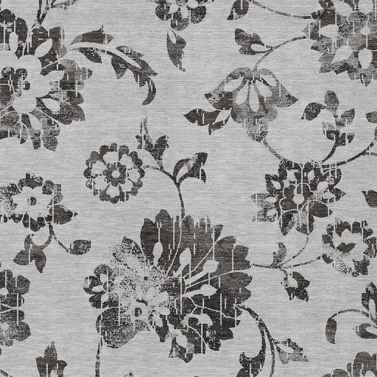 9' X 12' Gray Charcoal And Silver Floral Washable Indoor Outdoor Area Rug