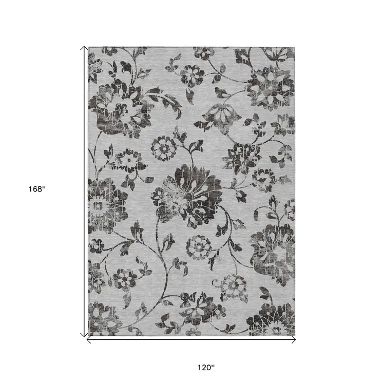 10' X 14' Gray Charcoal And Silver Floral Washable Indoor Outdoor Area Rug