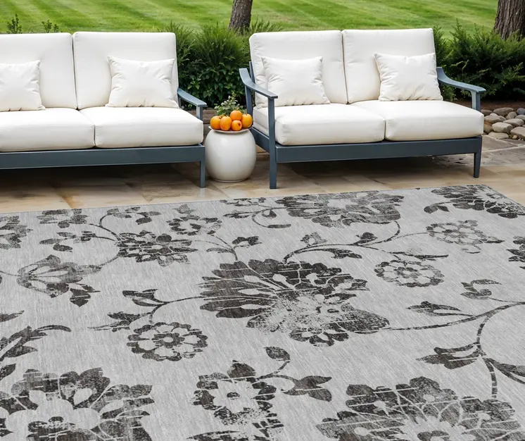 10' X 14' Gray Charcoal And Silver Floral Washable Indoor Outdoor Area Rug