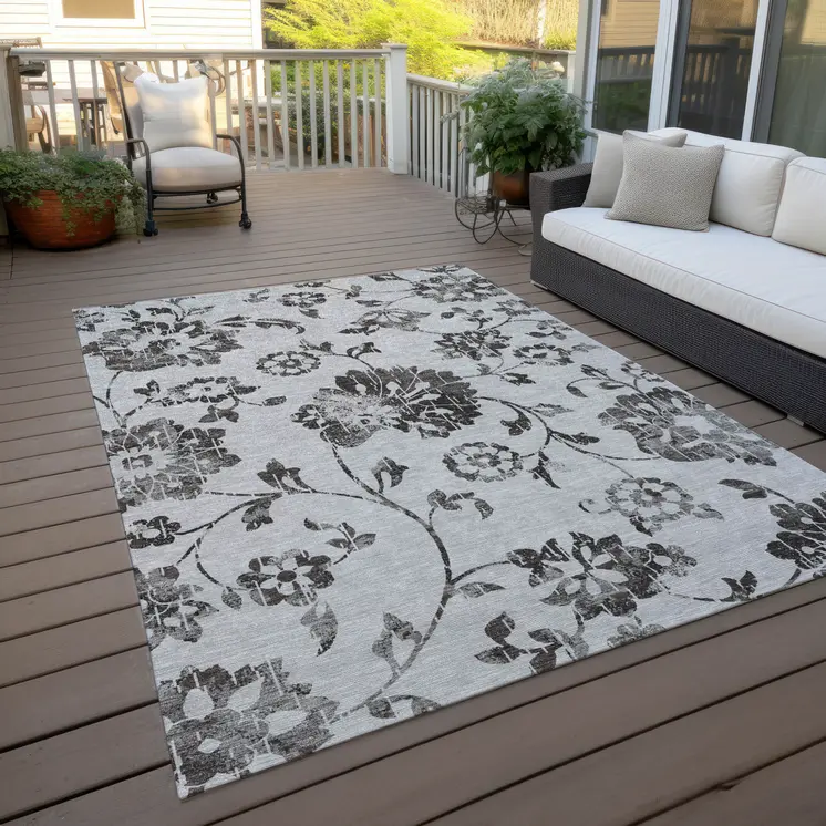10' X 14' Gray Charcoal And Silver Floral Washable Indoor Outdoor Area Rug