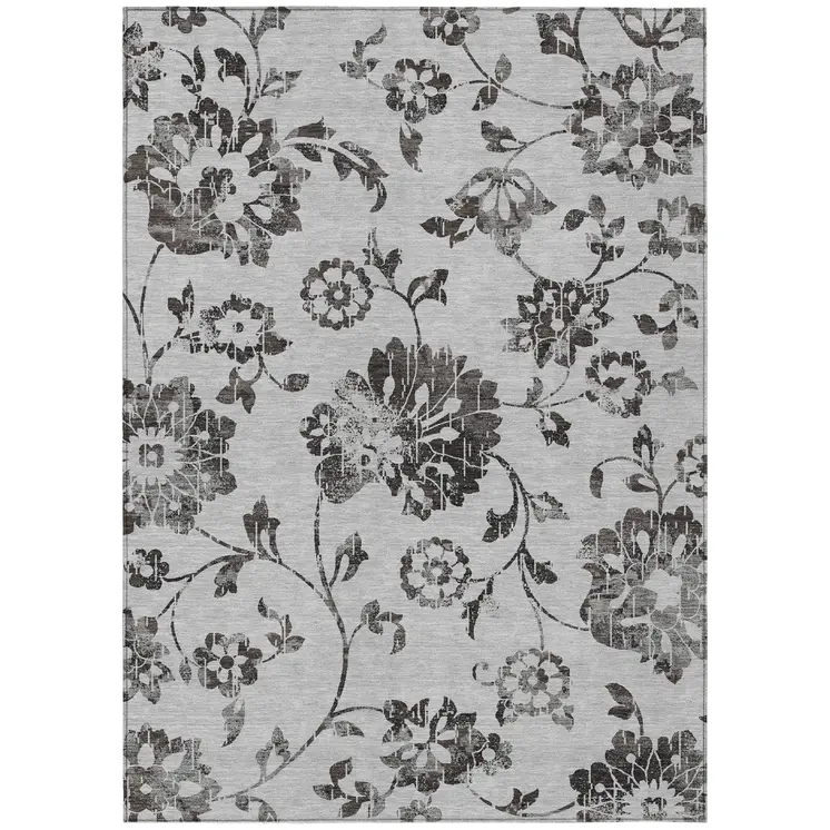 10' X 14' Gray Charcoal And Silver Floral Washable Indoor Outdoor Area Rug