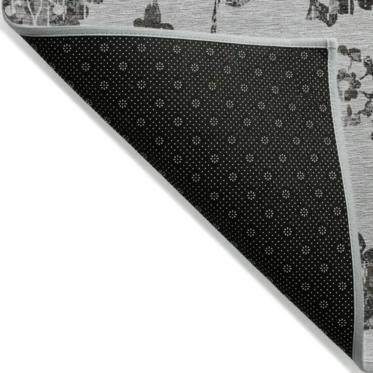 10' X 14' Gray Charcoal And Silver Floral Washable Indoor Outdoor Area Rug