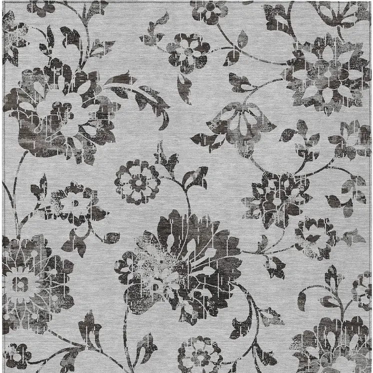 10' X 14' Gray Charcoal And Silver Floral Washable Indoor Outdoor Area Rug