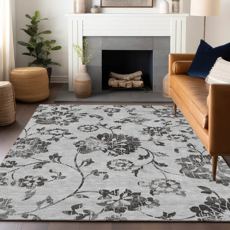 10' X 14' Gray Charcoal And Silver Floral Washable Indoor Outdoor Area Rug