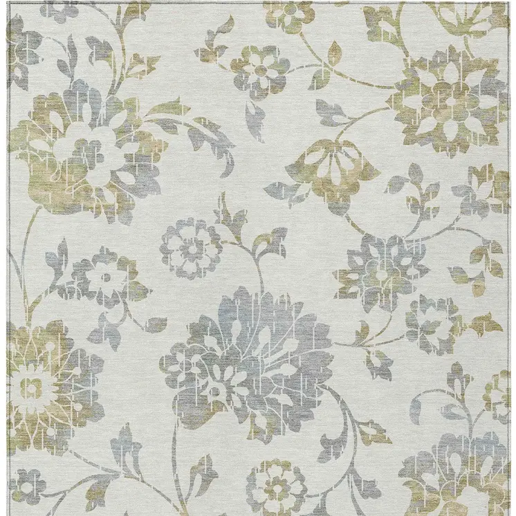 5' X 8' Ivory Gray And Gold Floral Washable Indoor Outdoor Area Rug