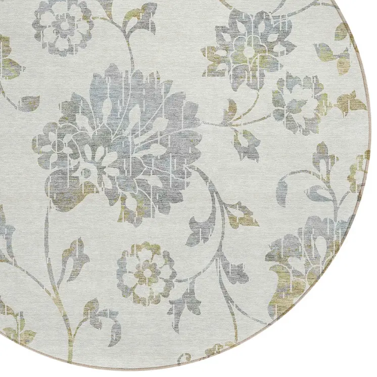8' Ivory Gray And Gold Round Floral Washable Indoor Outdoor Area Rug