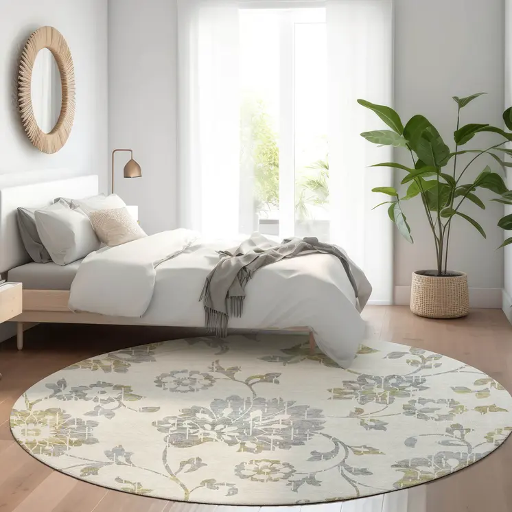 8' Ivory Gray And Gold Round Floral Washable Indoor Outdoor Area Rug
