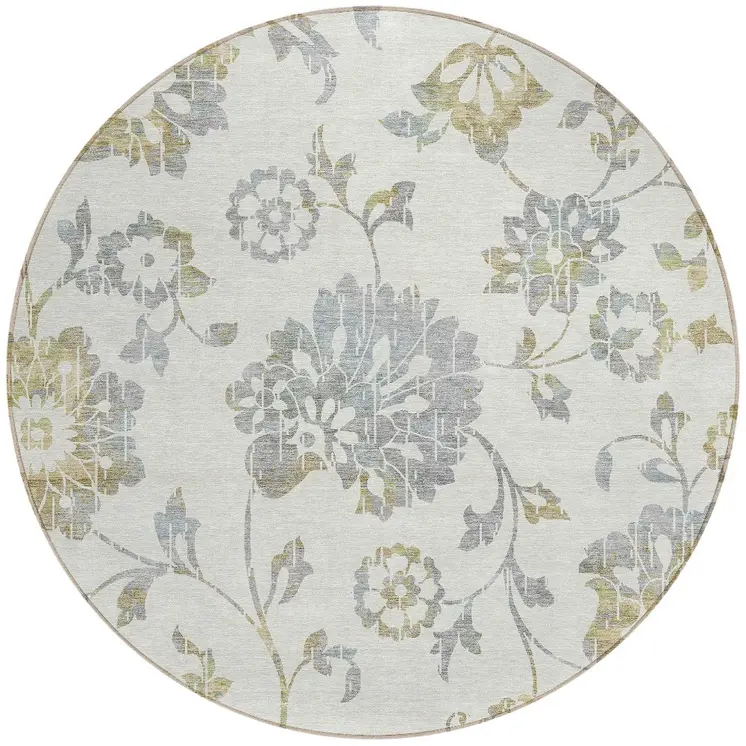 8' Ivory Gray And Gold Round Floral Washable Indoor Outdoor Area Rug