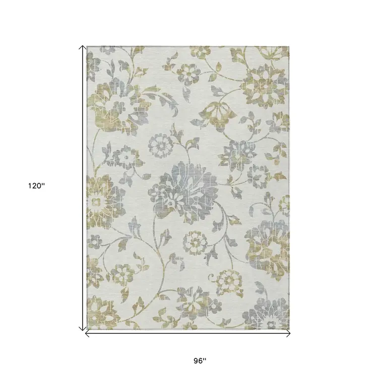 8' X 10' Ivory Gray And Gold Floral Washable Indoor Outdoor Area Rug