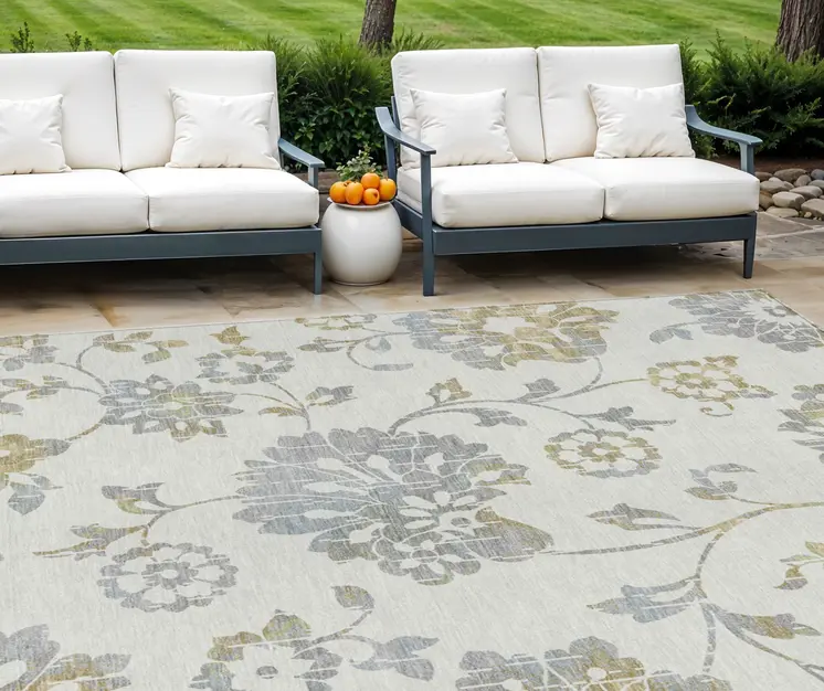 8' X 10' Ivory Gray And Gold Floral Washable Indoor Outdoor Area Rug