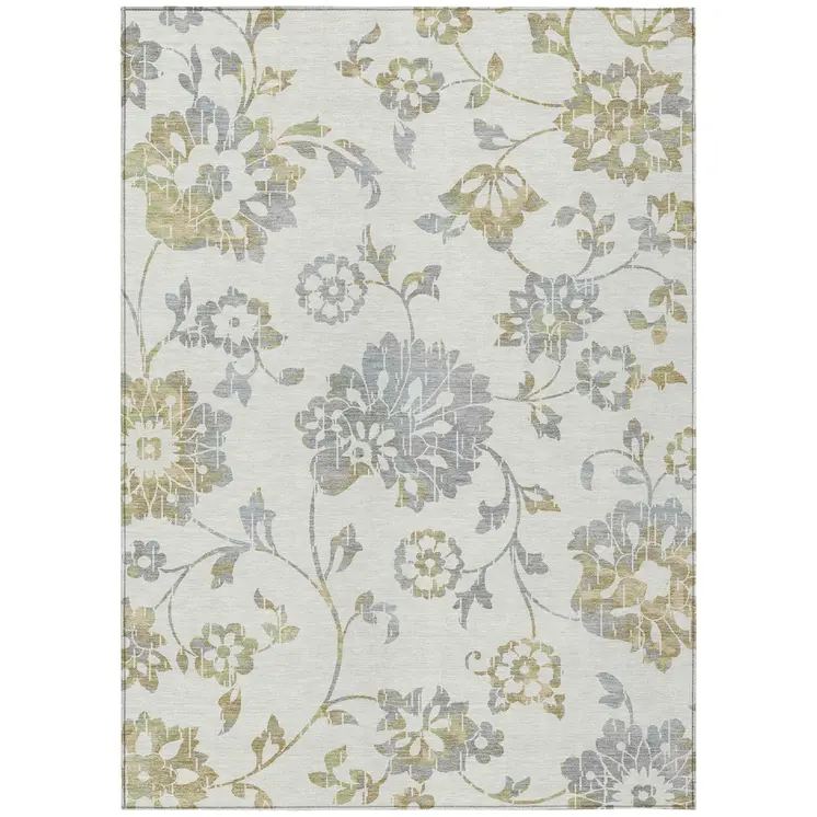 8' X 10' Ivory Gray And Gold Floral Washable Indoor Outdoor Area Rug
