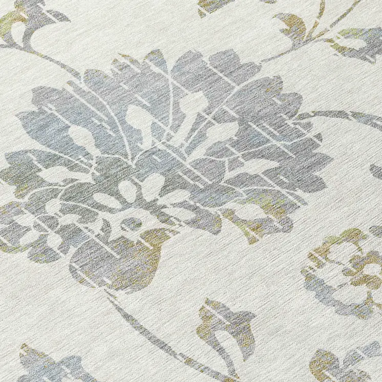 8' X 10' Ivory Gray And Gold Floral Washable Indoor Outdoor Area Rug
