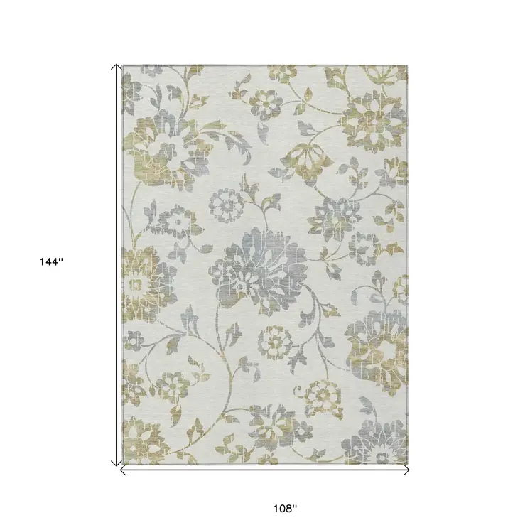 9' X 12' Ivory Gray And Gold Floral Washable Indoor Outdoor Area Rug