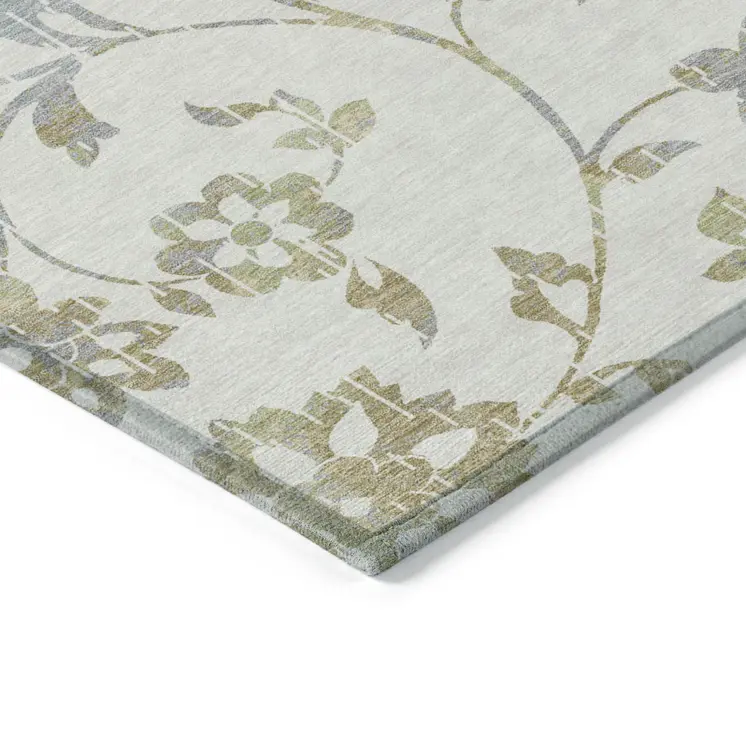 9' X 12' Ivory Gray And Gold Floral Washable Indoor Outdoor Area Rug